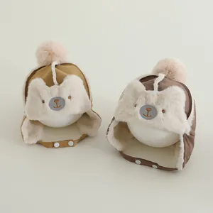 Plush winter bear earflap hats for babies in brown and khaki with soft faux fur lining