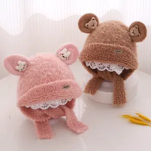 Plush baby winter hat with cute animal ears and earflaps in pink and brown