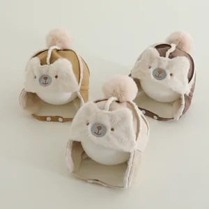 Toddler Baby Winter Trapper Hat Cute Bear Embroidery Earflap Hat Warm Faux Fur Lining Plush Ball Windproof Pilot Hat