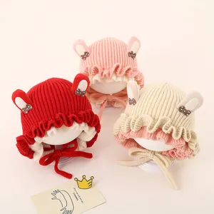 Baby Girls Winter Knit Hat With Rabbit Ears Heart Pattern Warm Fleece Lined Beanie Hat With Chin Strap For Kids