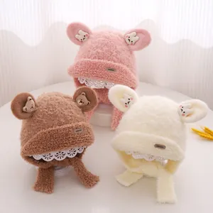 Winter Kids Plush Earflap Hat Cute Cartoon Bear Faux Lambswool Warm Windproof Knit Cap For Children Boys Girls