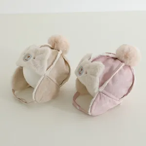 Winter baby aviator hat with bear embroidery and faux fur lining in beige and pink