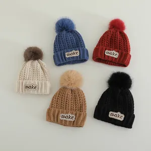 Kids Winter Knitted Beanie Hat With Faux Fur Pom-pom MAKE CRUSH Letter Patch Warm Thick Thermal Crochet Cap For Boys Girls