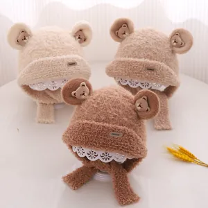 Winter plush knit hats for toddlers featuring cute bear embroidery and warm ear flaps