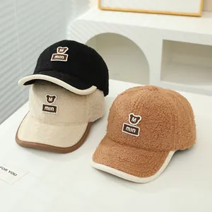Winter faux lamb wool baseball cap for children with bear embroidery in various colors