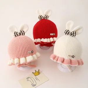 Bonnet Tricoté pour Bébé Fille Hiver Chaud Oreilles de Lapin Nœud Protection d'Oreilles Coupe-vent Beanie Bord à Volants Mignon