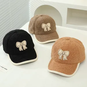 Kids Autumn Winter Lambswool Warm Baseball Cap Sweet Bow Contrast Trim Girls Peaked Hat Polyester Wool Blend Outdoor Casual Hat