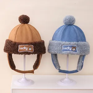 Kids Winter Trapper Hat Faux Suede Sherpa Lined Warm Fleece Earflap Hat With Pom Pom Bear Embroidery For Boys Girls