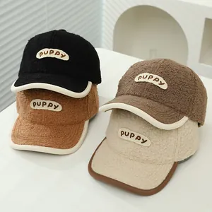 Kids Lamb Wool Baseball Cap Winter Warm Teddy Fleece Letter Embroidered Patch Contrast Binding Adjustable Sun Hat For Boys Girls
