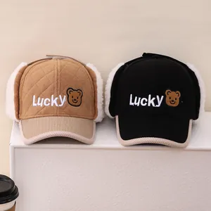 Children Winter Warm Earflap Hat Lucky Bear Embroidery Plush Bomber Hat For Kids Outdoor Windproof Quilted Cap