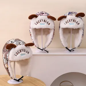 Chapka d'Hiver pour Enfants Imprimé Animaux Dessins Animés Doublé Polaire Chaud Protection Oreilles Coupe-Vent avec Oreilles 3D