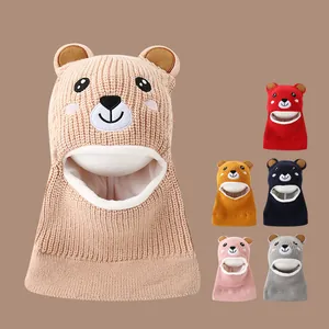 Children Winter Knitted Bear Balaclava Fleece Lined Warm Ear Protection Hooded Neck Warmer Cartoon Hat For Boys Girls