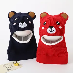 Close-up of kids bear balaclava with warm fleece lining and cute facial embroidery