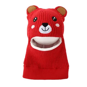Kids red bear knit balaclava hat with warm fleece lining and cute bear ear details