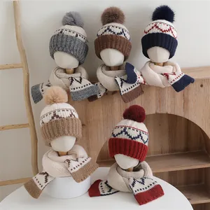 Winter knit hat and scarf set for kids featuring five stylish color patterns and pom poms