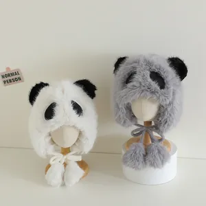 Winter plush panda earflap hats for kids in white and grey with pom-pom ties