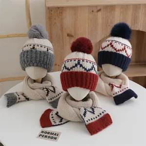 Children Winter Knitted Hat And Scarf With Faux Fur Pom Pom Warm Windproof Geometric Pattern For Boys Girls Kids Toddlers