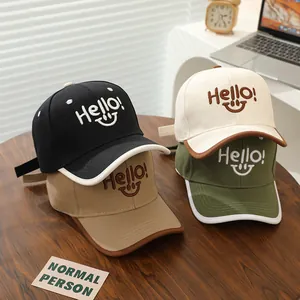 Fashion Kids Embroidered Hello Letter Smile Baseball Cap Contrast Color Brim Cotton Canvas Adjustable Sun Hat For Children