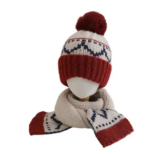 Winter kids knit hat and scarf set with pom pom in red navy and beige pattern