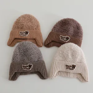 Kinder Winter Strickmütze Gehörschutz Süßer Bär Blumen Patchwork Warm Fleece Beanie Für Jungen Mädchen Kleinkinder