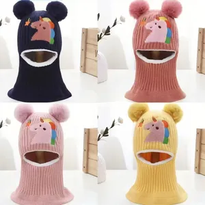 Kids Winter Balaclava Hat Knitted Fleece Lined Warm Ear Protection Cap With Double Pom Poms And Cartoon Unicorn Dinosaur Embroidery For Toddler Baby Boys Girls