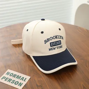 Detail of embroidered Brooklyn New York lettering on the two-tone canvas baseball cap