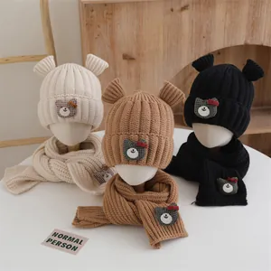 Ensemble Bonnet Et Écharpe En Tricot D'hiver Pour Enfants Oreilles D'ours Dessin Animé Bonnet Chaud Tour De Cou Épais Pour Garçons Filles