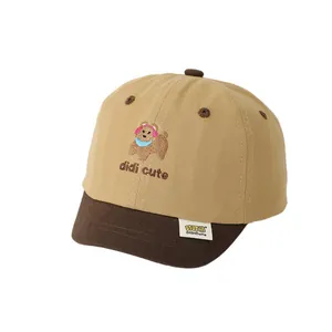 Baby baseball cap with cartoon bear embroidery and contrast short brim for sun protection