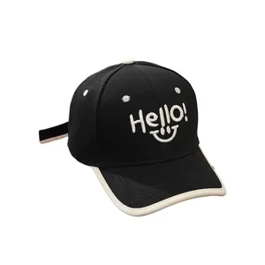 Kids' black cotton baseball cap with white Hello embroidery and smiley face icon