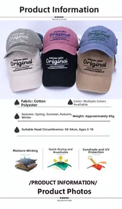 Detailed size guide for kids embroidered cotton baseball cap showing colors and head size
