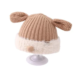 Winter cartoon baby knitted hat with plush ears and soft warm lining for boys and girls