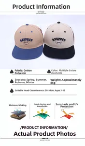 Dettaglio dei cappellini da baseball per bambini con ricami e specifiche su taglie e cotone