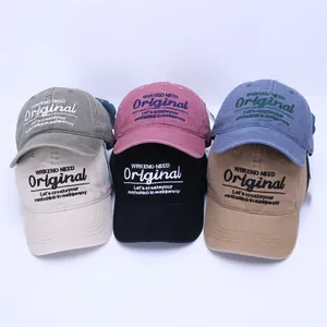 Collection of embroidered cotton baseball caps in multiple colors with retro washed finish