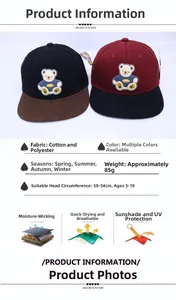 Detailed spec sheet for kids hip-hop baseball cap with 3D bear patch and size details