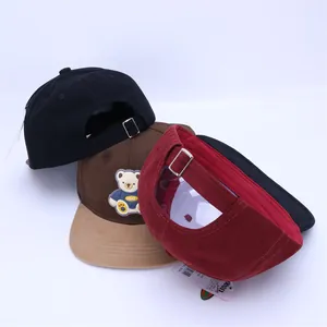 Detailed view of children's baseball caps with 3D bear patches and metal buckles