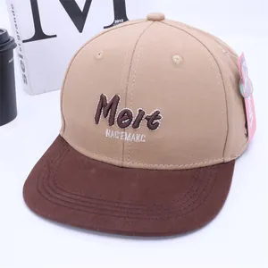Detailed view of 3D letter embroidery and stitching on two-tone flat brim baseball cap
