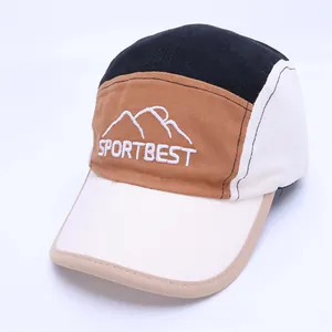 Detail view of cotton five-panel baseball cap with Sportbest embroidery and color blocking