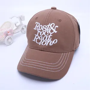 Close-up of brown baseball cap with 3D letter embroidery and white contrast stitching