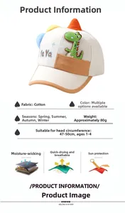 Detail view of cotton baby dinosaur baseball cap with breathable fabric and size specs