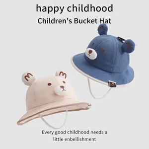 Cute children's cotton bucket hats with bear ears and chin straps in blue and beige