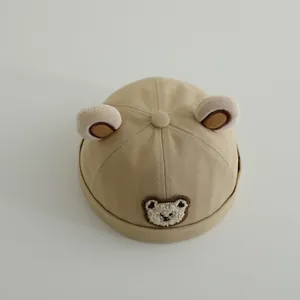 Cute khaki cotton infant beanie hat with 3D plush bear ears and embroidery patch