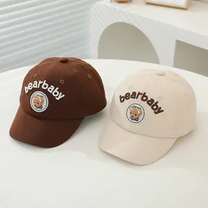 Cute bearbaby cotton baseball caps for toddlers in brown and beige with embroidery