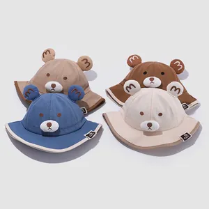 Kids Baby Bucket Hat Cute 3D Bear Ears Sun Hat For Toddlers Cotton Breathable Outdoor Fisherman Hat With Windproof Rope