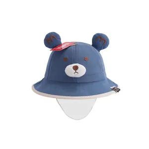 Cute dark blue bear sun hat for toddlers featuring 3D ears and cartoon embroidery