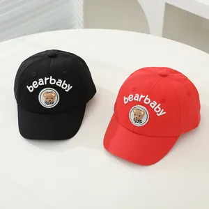 Kids' cotton bearbaby baseball caps in red and black with bear patch and embroidery