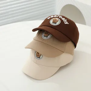 Set of 3 cotton kids baseball caps with cute bear embroidery in brown and khaki