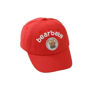 Red cotton bearbaby baseball cap for toddlers with 3D plush bear patch and bow tie