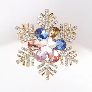 Detailed view of luxury snowflake brooch with colorful gemstones and sparkly rhinestones