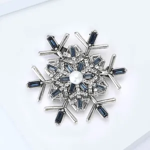 Detail of silver snowflake brooch with blue rectangle crystals and a white center pearl