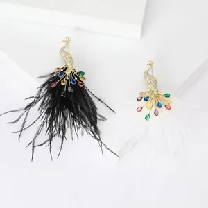 Vintage Peacock Brooch Rhinestone Multi-color Gemstone Natural Feather Animal Lapel Pin For Women Luxury Banquet Jewelry